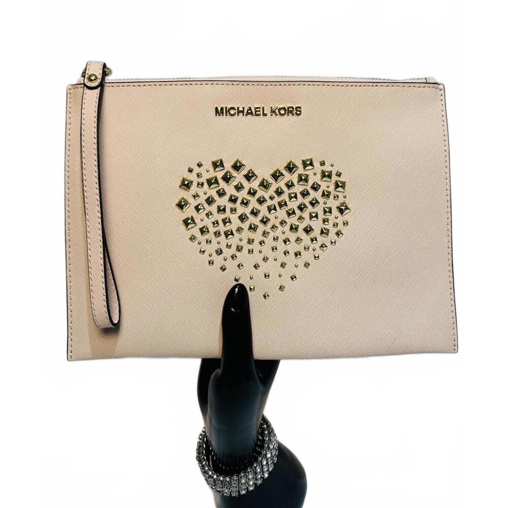 Michael Kors Light Pink Lg Wristlet Clutch with Gold Studded Heart Detail